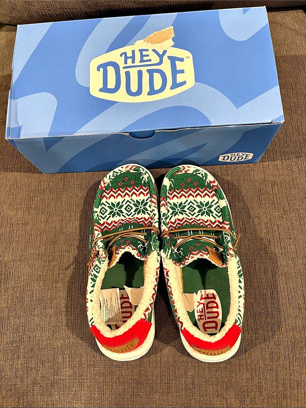 Hey Dude Wally Y Sweater Faux Shear Green Patterned Sneakers US 3